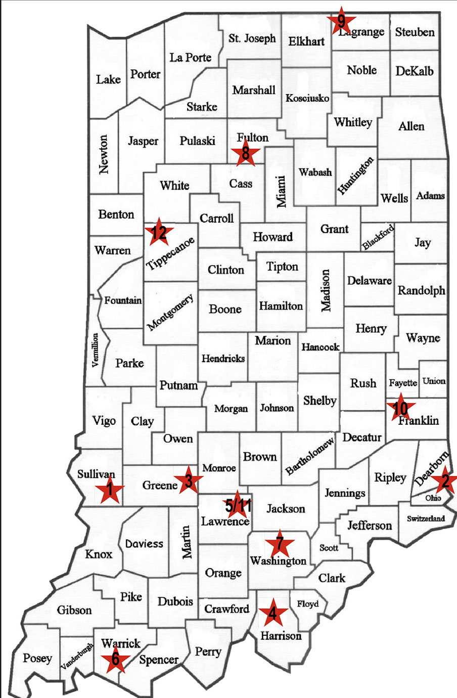 A Map Of indiana Counties Indicating trainers in LaGrange, Fulton, Franklin, Sullivan,, Greene, Lawrence, Washington, Harrison and Ohio Counties